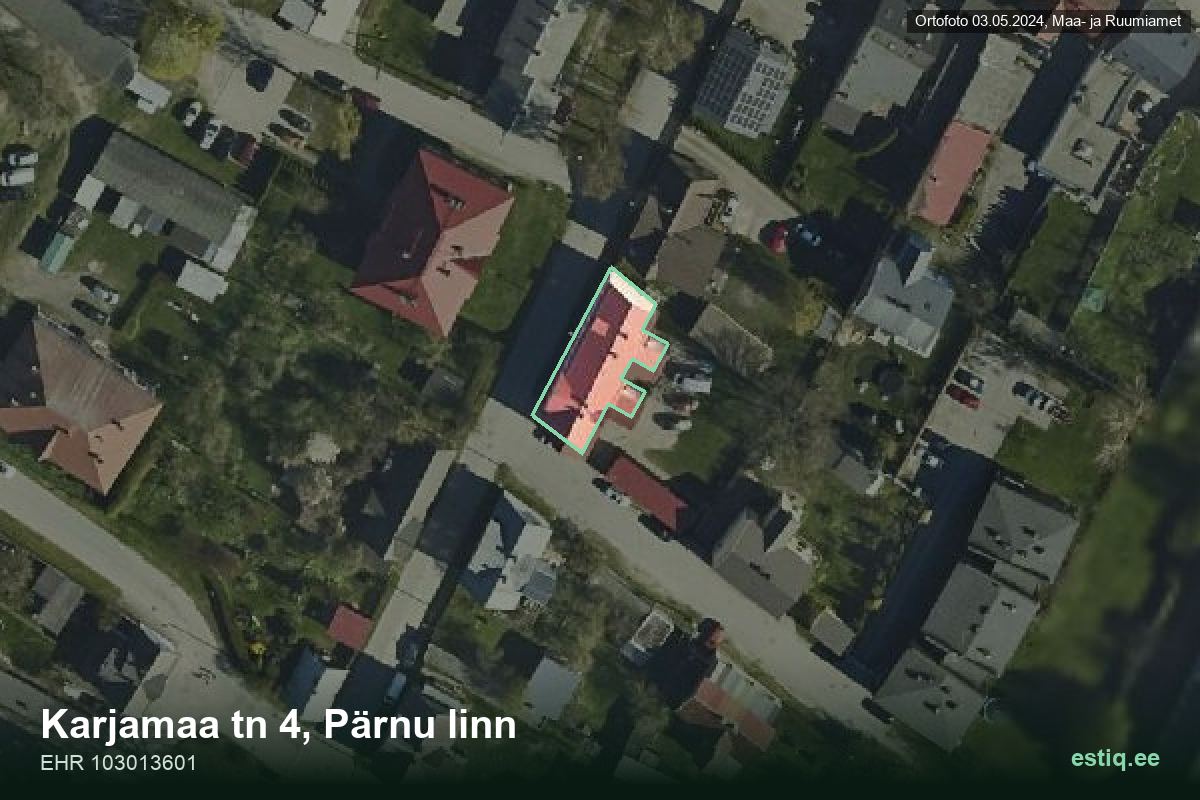 Karjamaa tänav 4, Pärnu – hoone aerofoto, kontuur ehitisregistri (EHR) andmetest