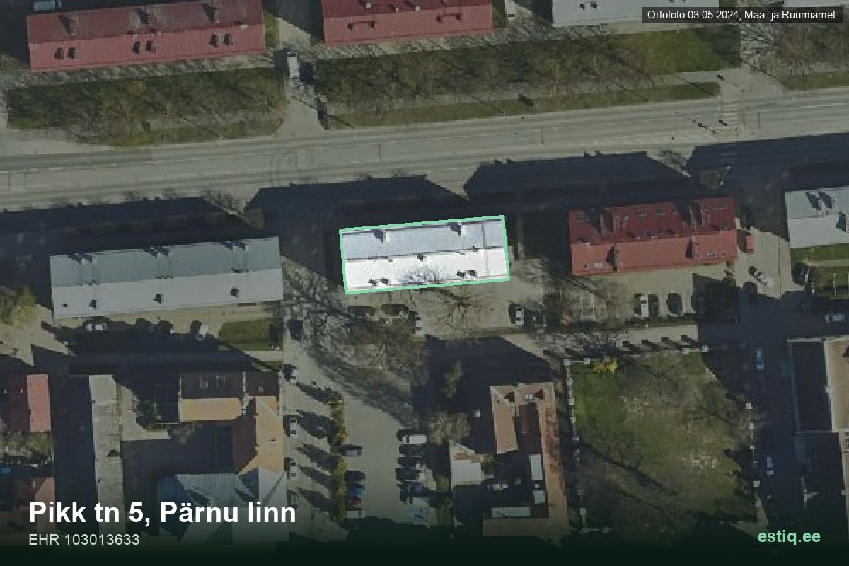 Pikk tänav 5, Pärnu – hoone aerofoto, kontuur ehitisregistri (EHR) andmetest