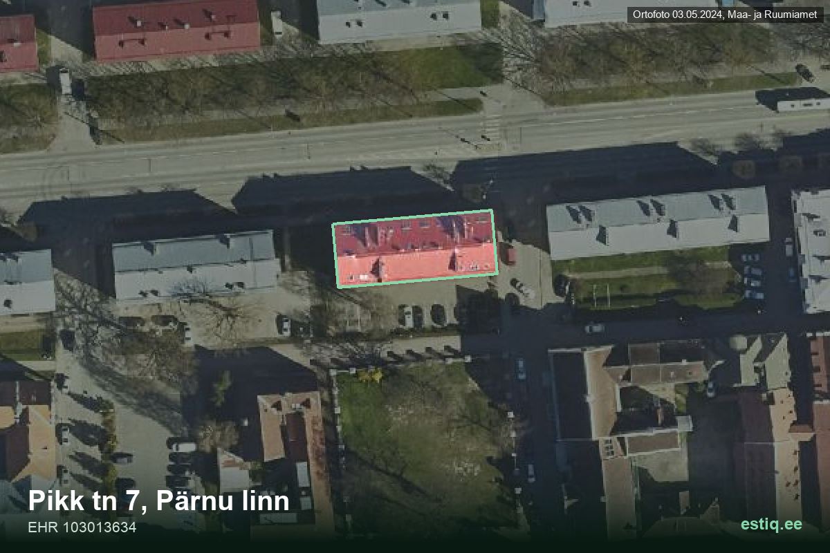 Pikk tänav 7, Pärnu – hoone aerofoto, kontuur ehitisregistri (EHR) andmetest