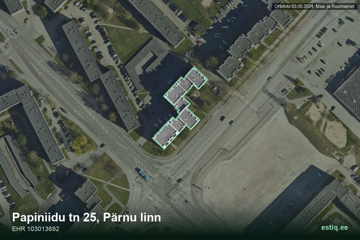 Papiniidu tänav 25, Pärnu – hoone aerofoto, kontuur ehitisregistri (EHR) andmetest