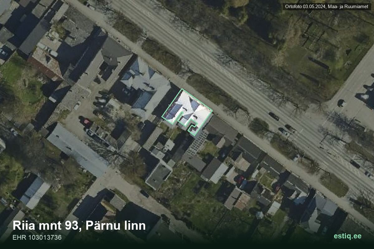 Riia mnt 93, Pärnu – аэрофото дома, контур по данным регистра строений (EHR)