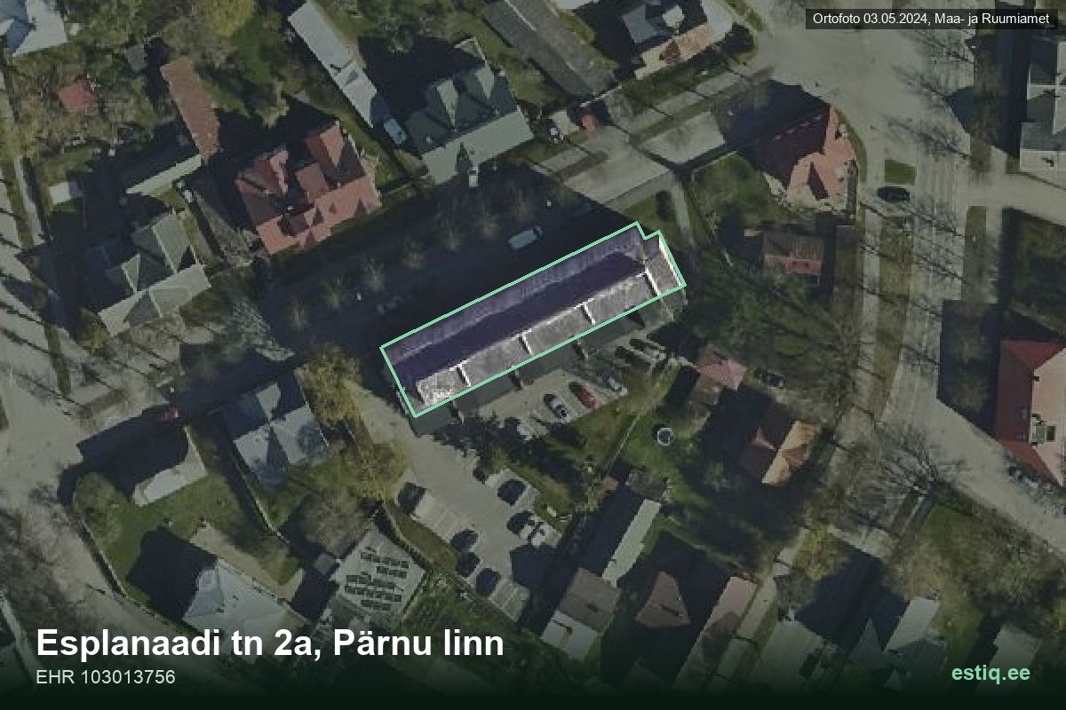 Esplanaadi tänav 2a, Pärnu – hoone aerofoto, kontuur ehitisregistri (EHR) andmetest