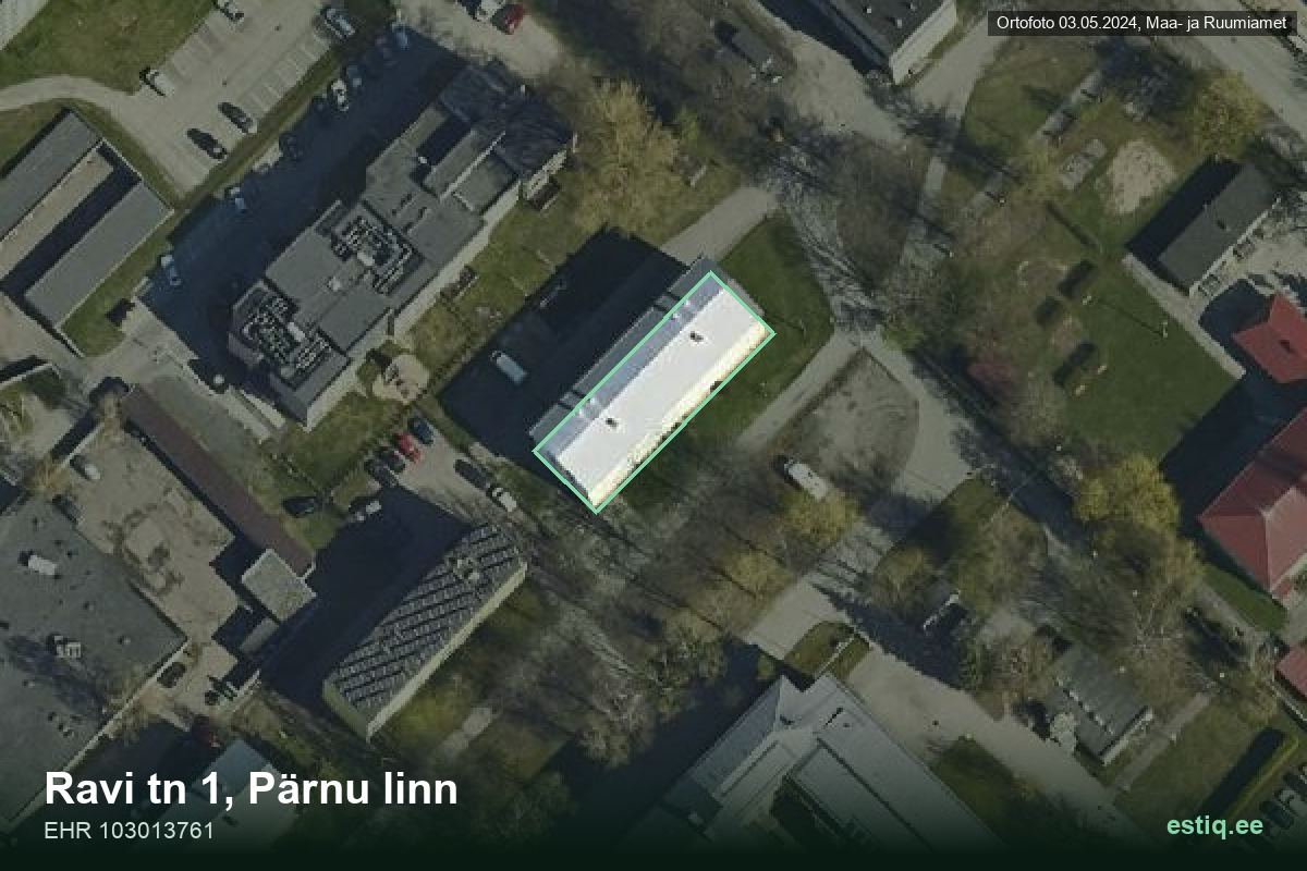 Ravi tänav 1, Pärnu – hoone aerofoto, kontuur ehitisregistri (EHR) andmetest