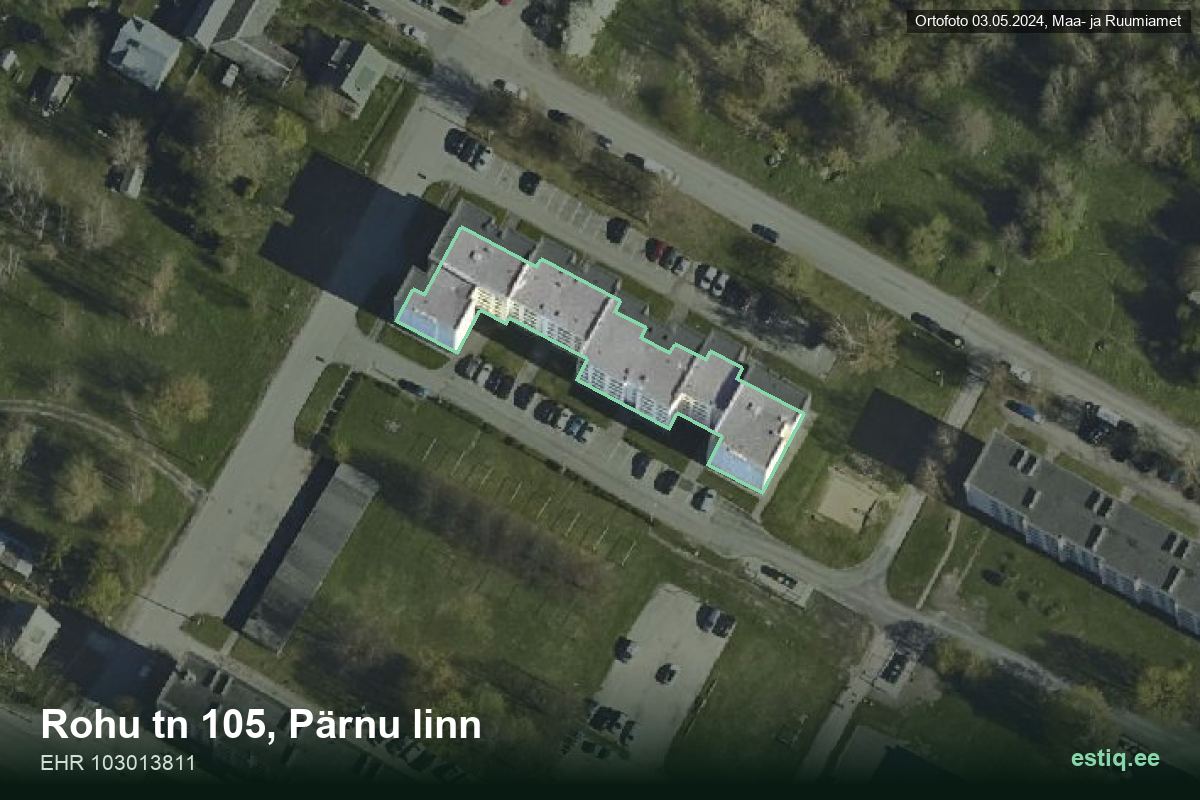 Rohu tänav 105, Pärnu – hoone aerofoto, kontuur ehitisregistri (EHR) andmetest