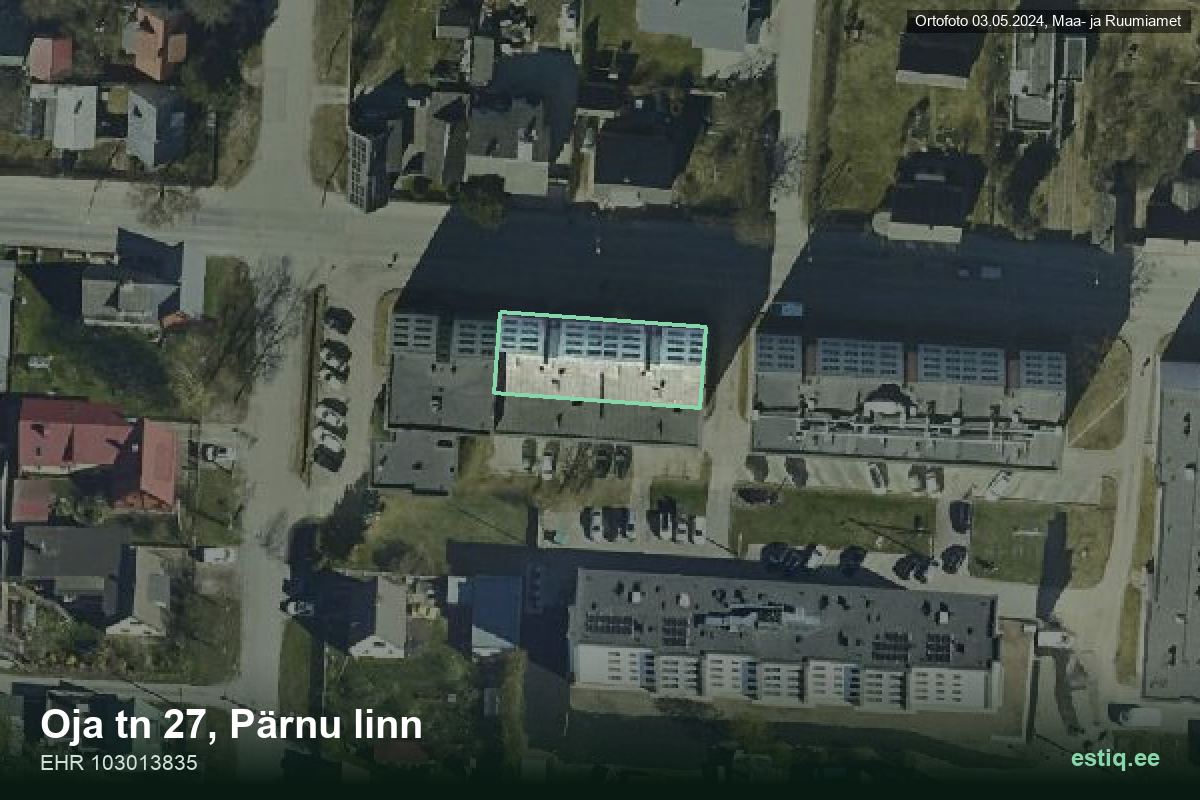 Oja tänav 27, Pärnu – hoone aerofoto, kontuur ehitisregistri (EHR) andmetest