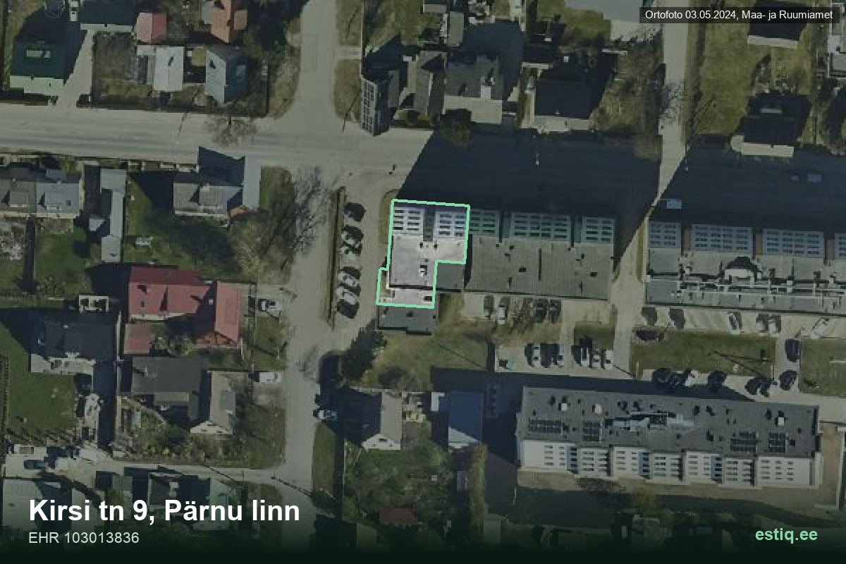 Kirsi tänav 9, Pärnu – hoone aerofoto, kontuur ehitisregistri (EHR) andmetest