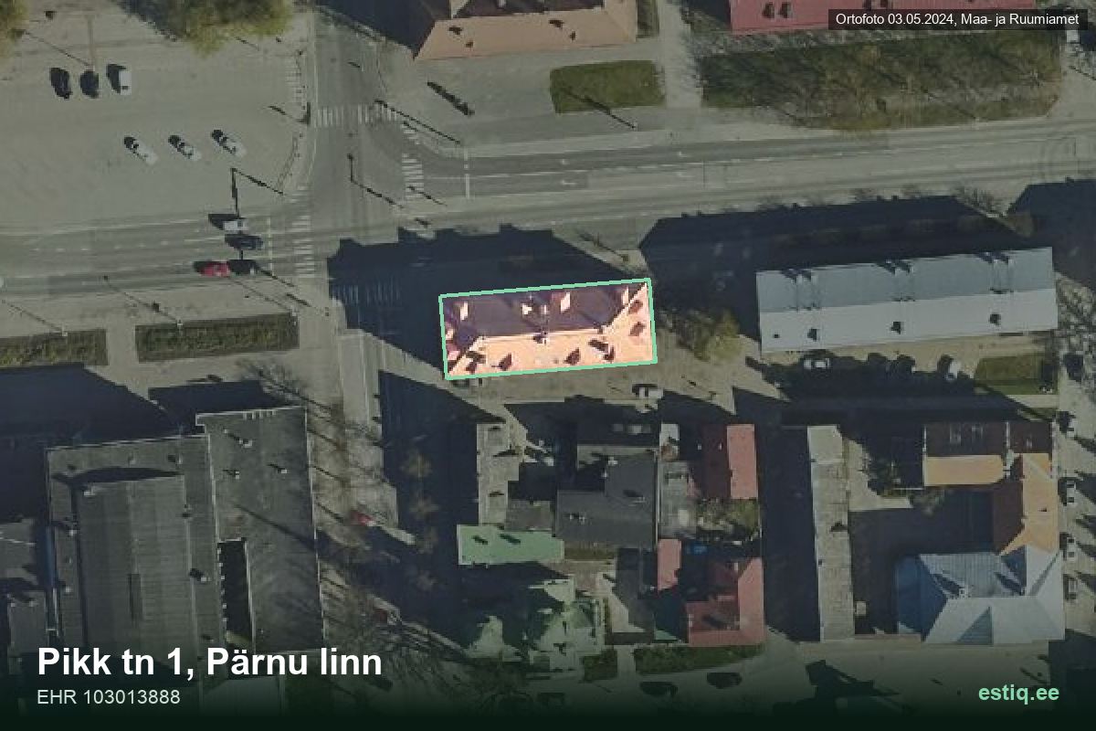 Pikk tänav 1, Pärnu – hoone aerofoto, kontuur ehitisregistri (EHR) andmetest