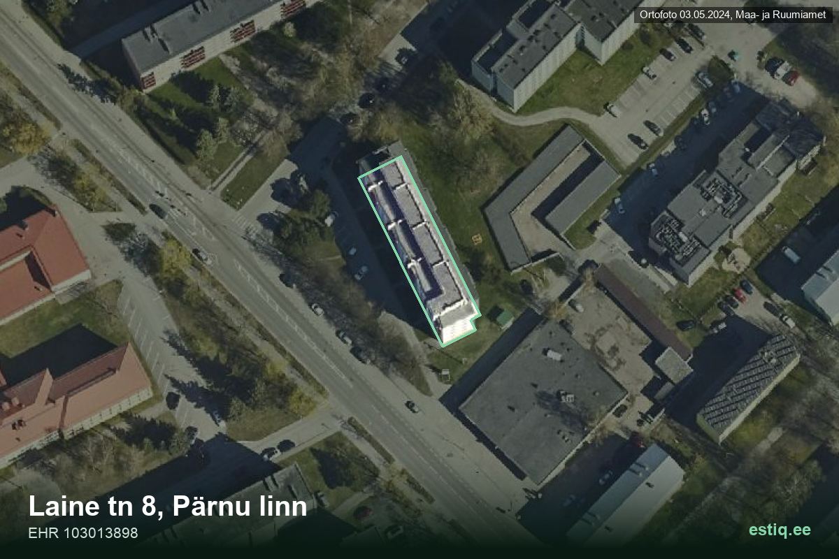 Laine tänav 8, Pärnu – hoone aerofoto, kontuur ehitisregistri (EHR) andmetest
