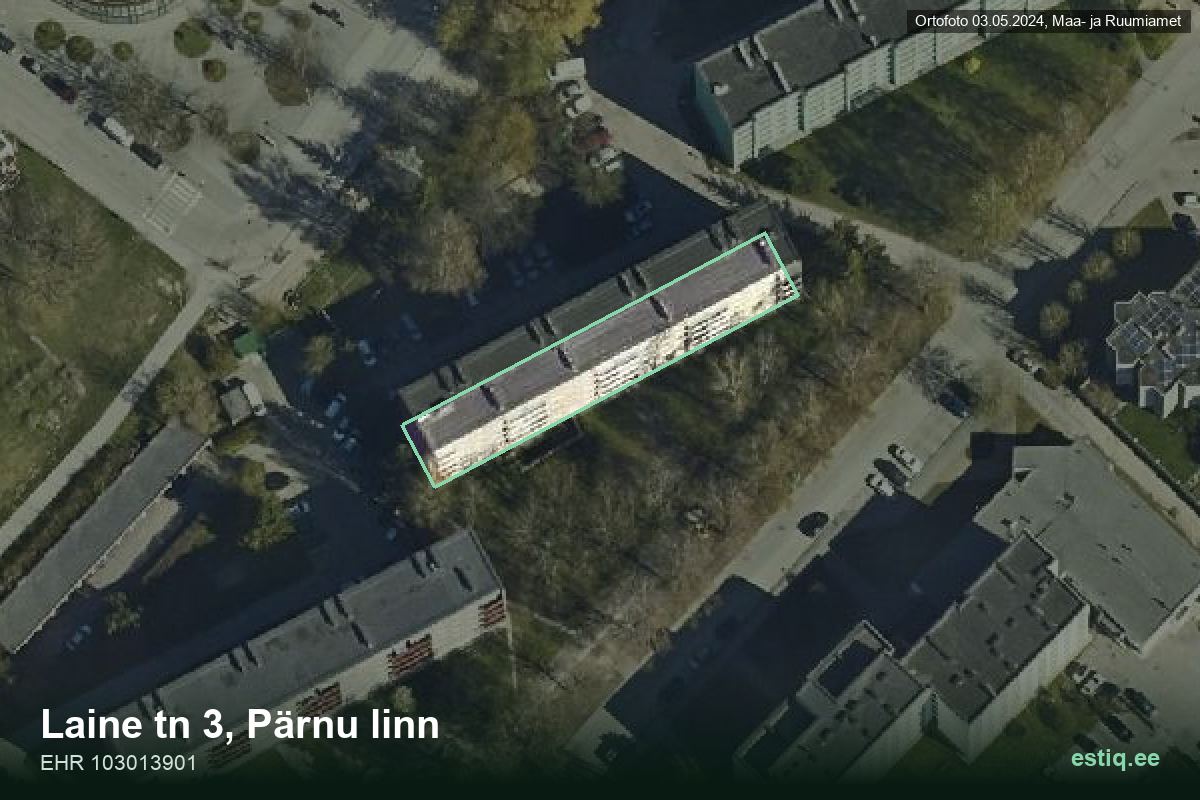 Laine tänav 3, Pärnu – ilmakuva rakennuksesta, ääriviiva rakennusrekisteristä (EHR)
