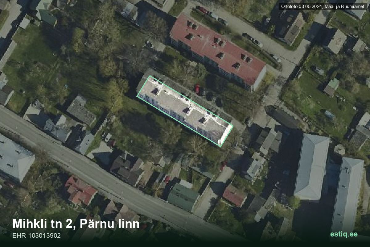 Mihkli tänav 2, Pärnu – ilmakuva rakennuksesta, ääriviiva rakennusrekisteristä (EHR)
