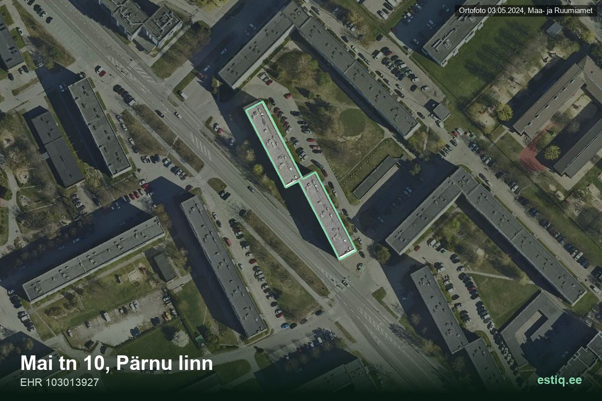 Mai tänav 10, Pärnu – hoone aerofoto, kontuur ehitisregistri (EHR) andmetest