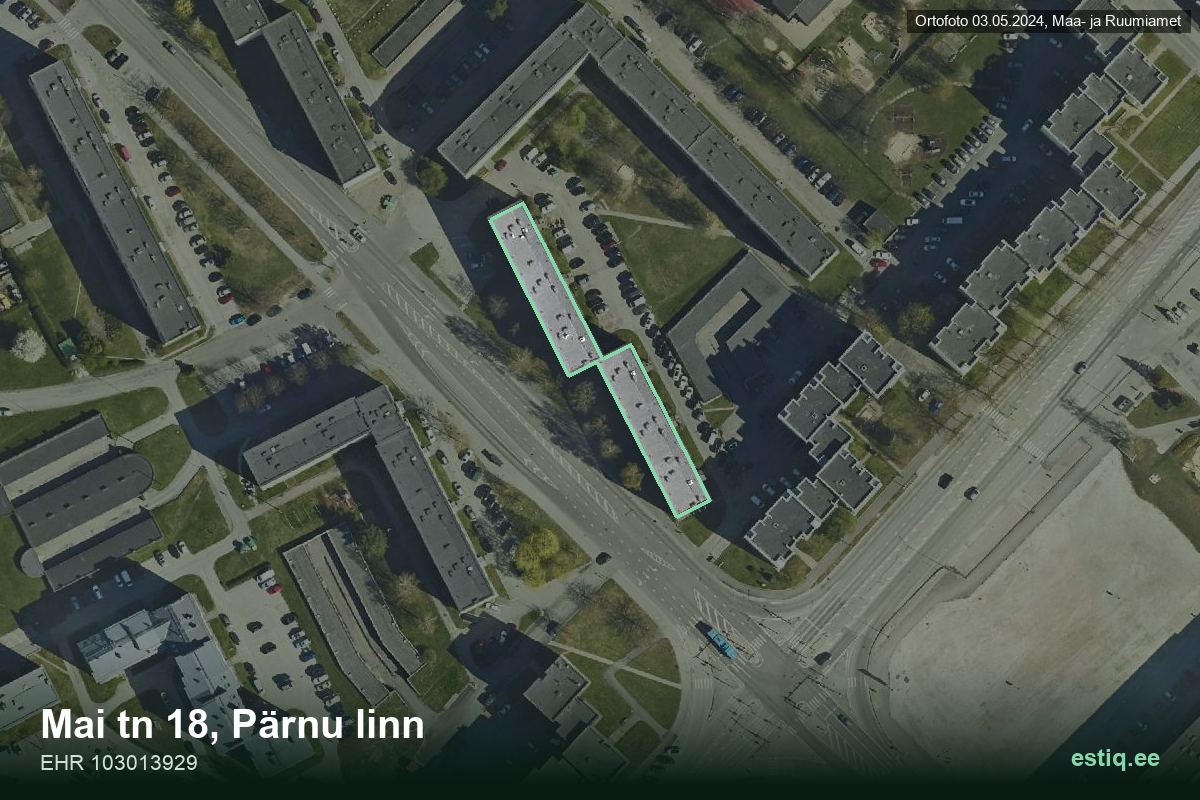 Mai tänav 18, Pärnu – hoone aerofoto, kontuur ehitisregistri (EHR) andmetest