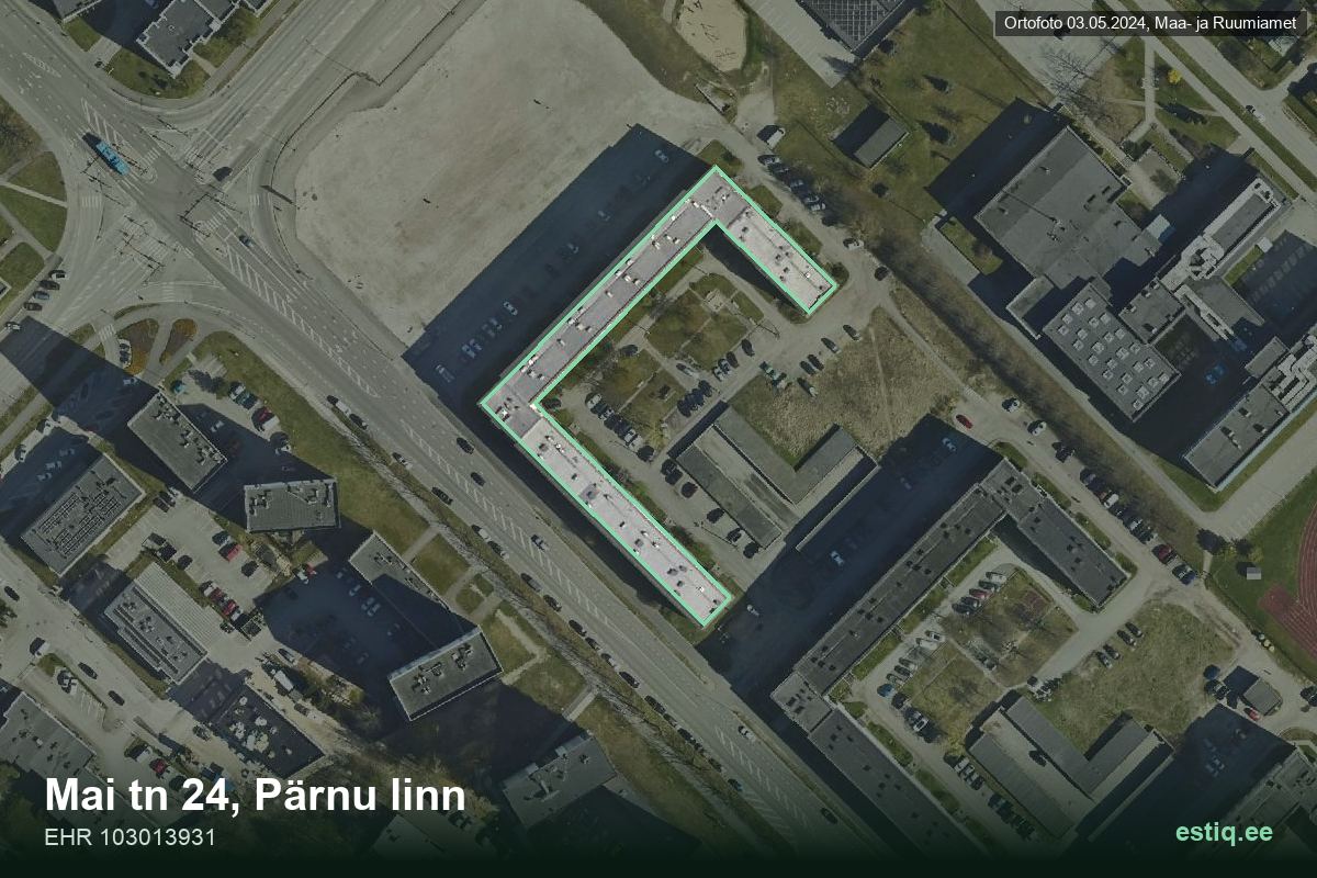 Mai tänav 24, Pärnu – hoone aerofoto, kontuur ehitisregistri (EHR) andmetest