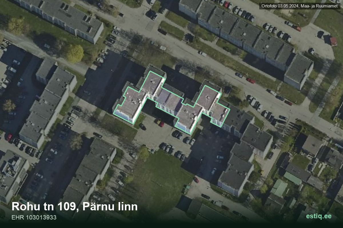 Rohu tänav 109, Pärnu – ilmakuva rakennuksesta, ääriviiva rakennusrekisteristä (EHR)