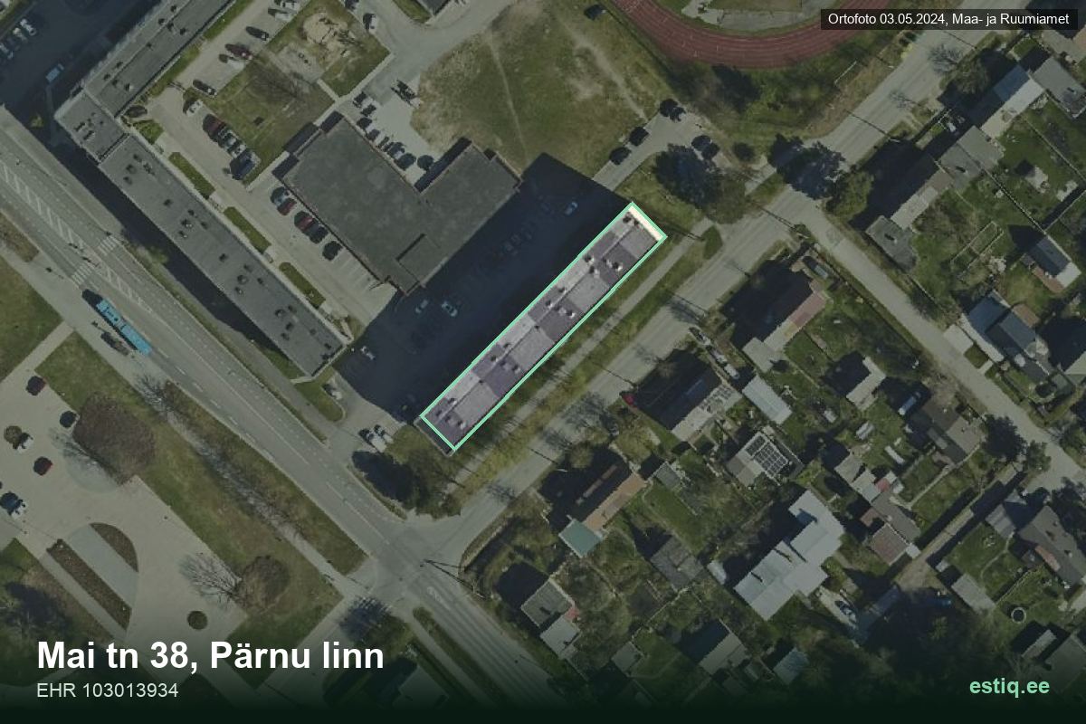Mai tänav 38, Pärnu – hoone aerofoto, kontuur ehitisregistri (EHR) andmetest