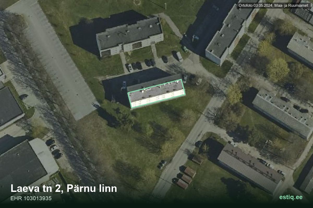 Laeva tänav 2, Pärnu – hoone aerofoto, kontuur ehitisregistri (EHR) andmetest