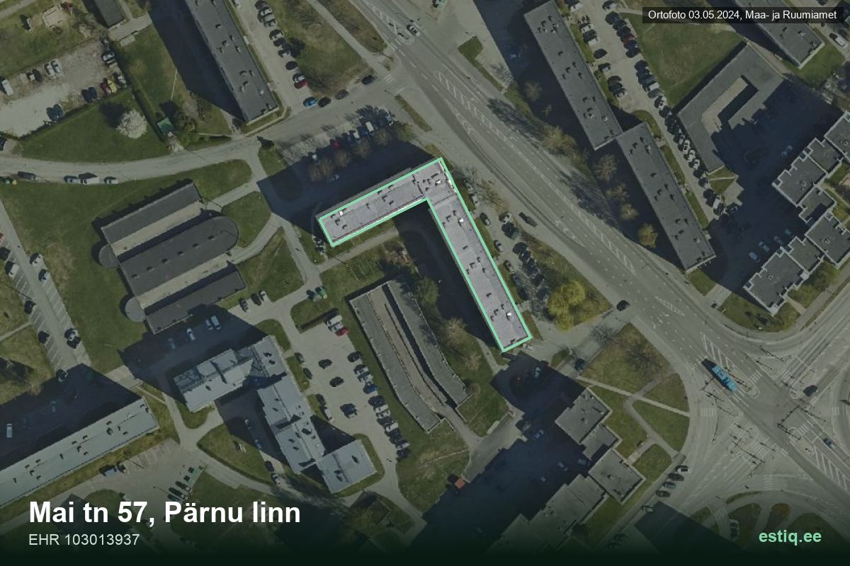 Mai tänav 57, Pärnu – hoone aerofoto, kontuur ehitisregistri (EHR) andmetest