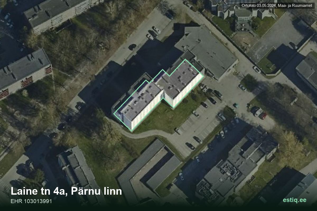 Laine tänav 4A, Pärnu – ilmakuva rakennuksesta, ääriviiva rakennusrekisteristä (EHR)