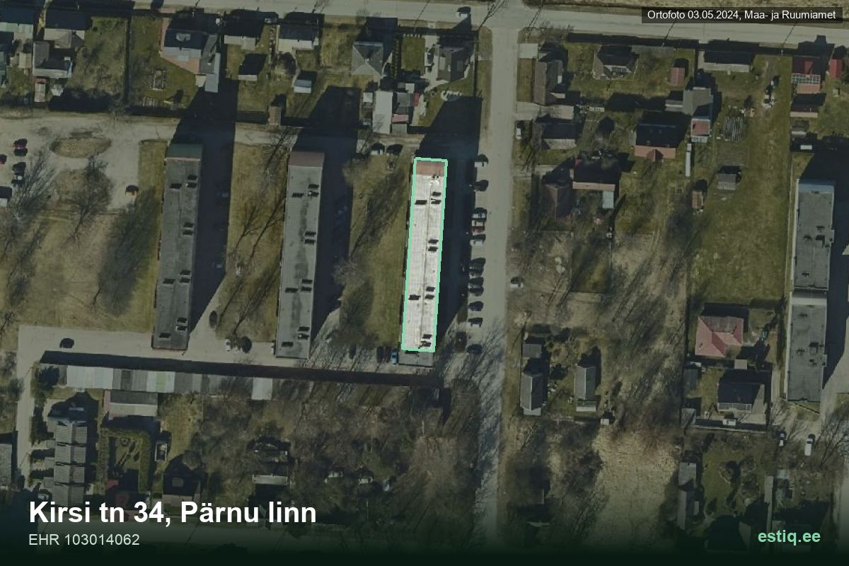 Kirsi tänav 34, Pärnu – hoone aerofoto, kontuur ehitisregistri (EHR) andmetest