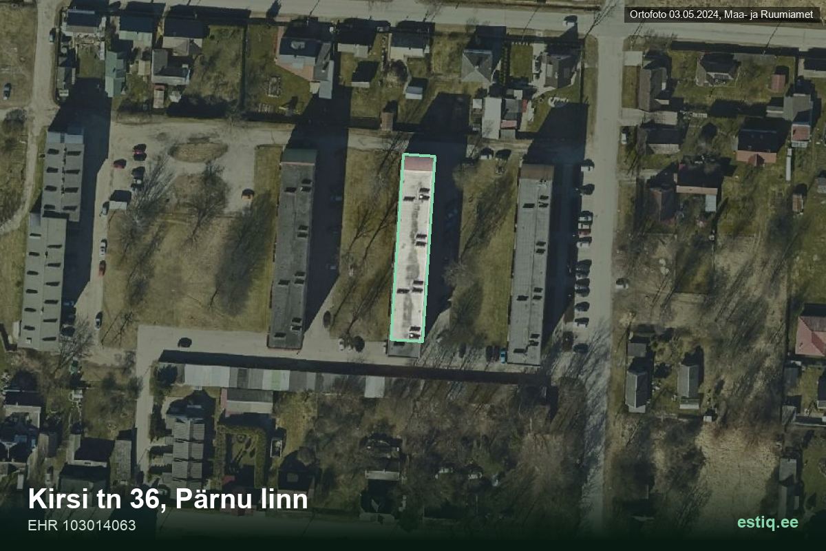 Kirsi tänav 36, Pärnu – hoone aerofoto, kontuur ehitisregistri (EHR) andmetest