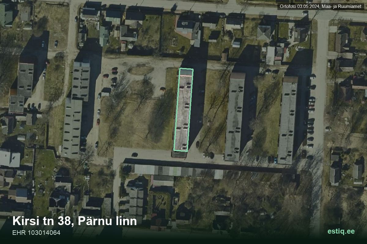 Kirsi tänav 38, Pärnu – hoone aerofoto, kontuur ehitisregistri (EHR) andmetest