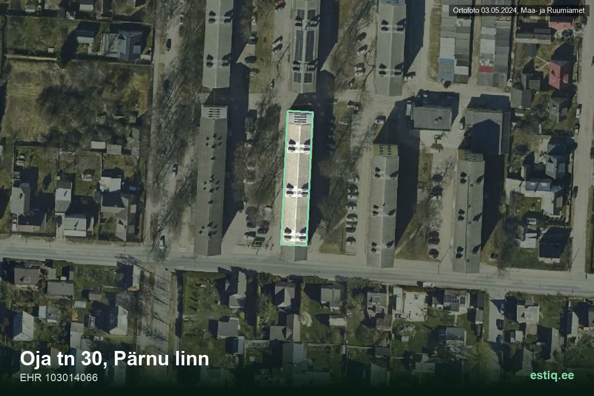 Oja tänav 30, Pärnu – hoone aerofoto, kontuur ehitisregistri (EHR) andmetest