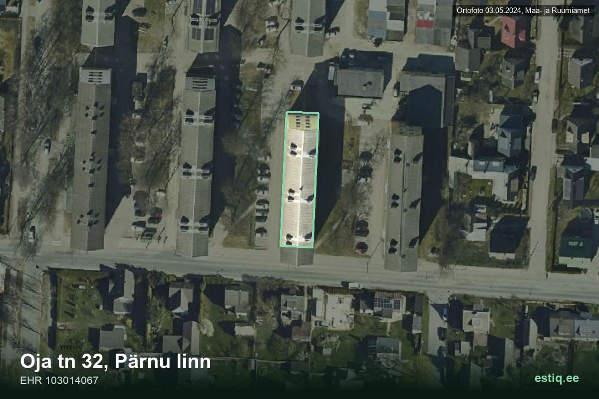 Oja tänav 32, Pärnu – hoone aerofoto, kontuur ehitisregistri (EHR) andmetest