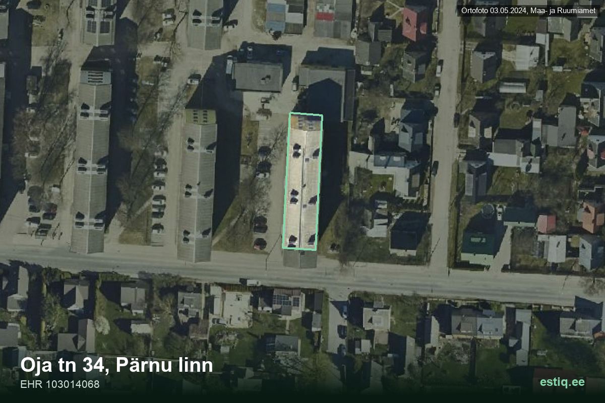 Oja tänav 34, Pärnu – hoone aerofoto, kontuur ehitisregistri (EHR) andmetest