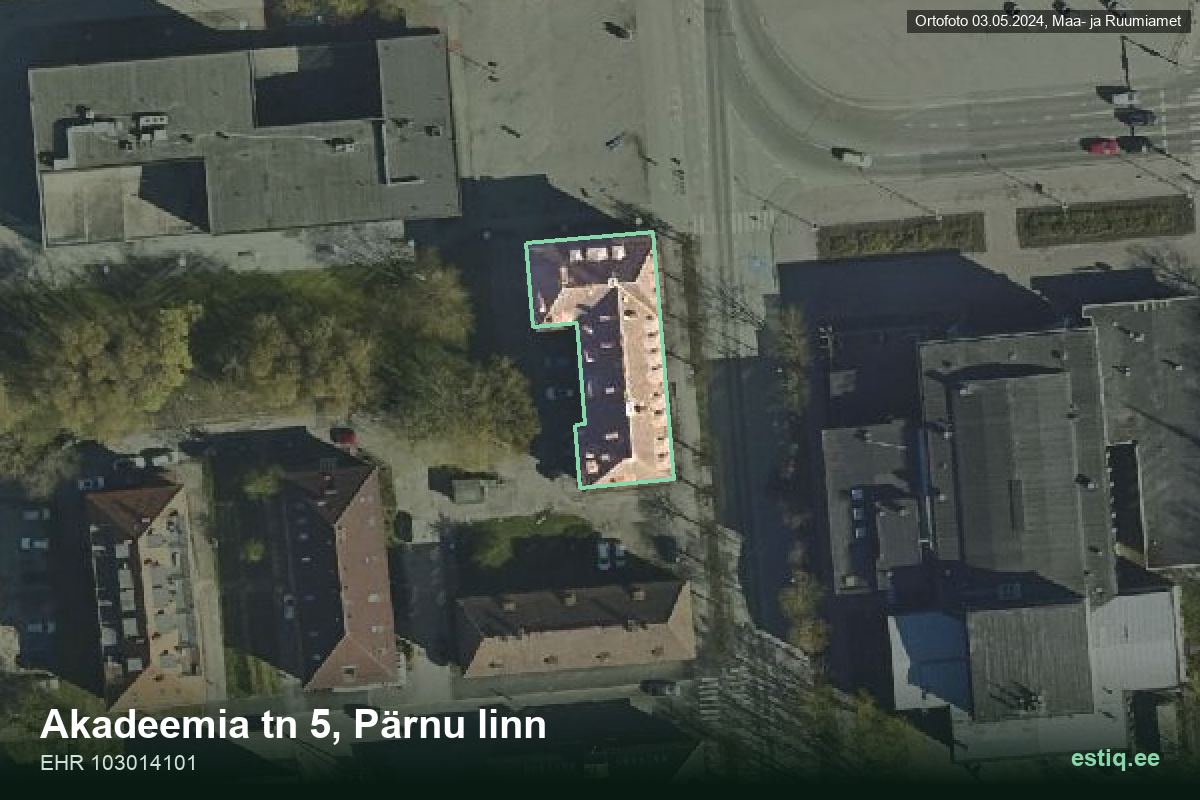 Akadeemia tänav 5, Pärnu – hoone aerofoto, kontuur ehitisregistri (EHR) andmetest