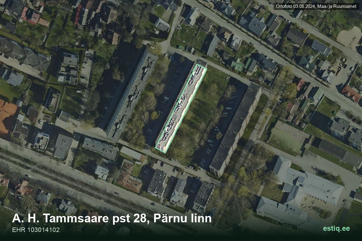Tammsaare pst 28, Pärnu – hoone aerofoto, kontuur ehitisregistri (EHR) andmetest