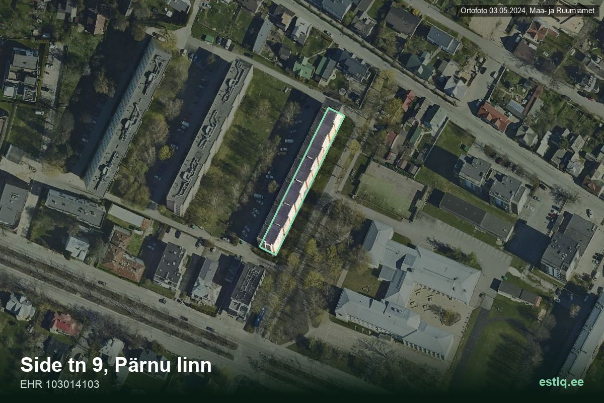 Side tänav 9, Pärnu – hoone aerofoto, kontuur ehitisregistri (EHR) andmetest