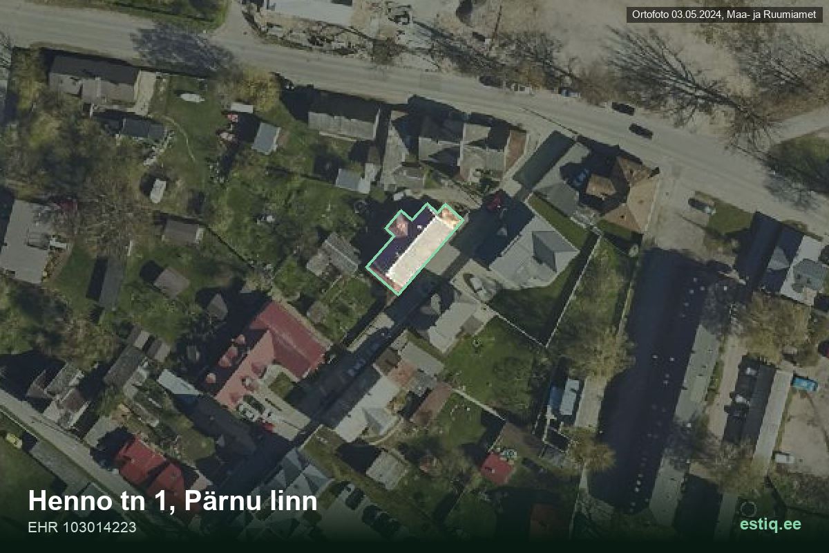 Henno tänav 1, Pärnu – ilmakuva rakennuksesta, ääriviiva rakennusrekisteristä (EHR)