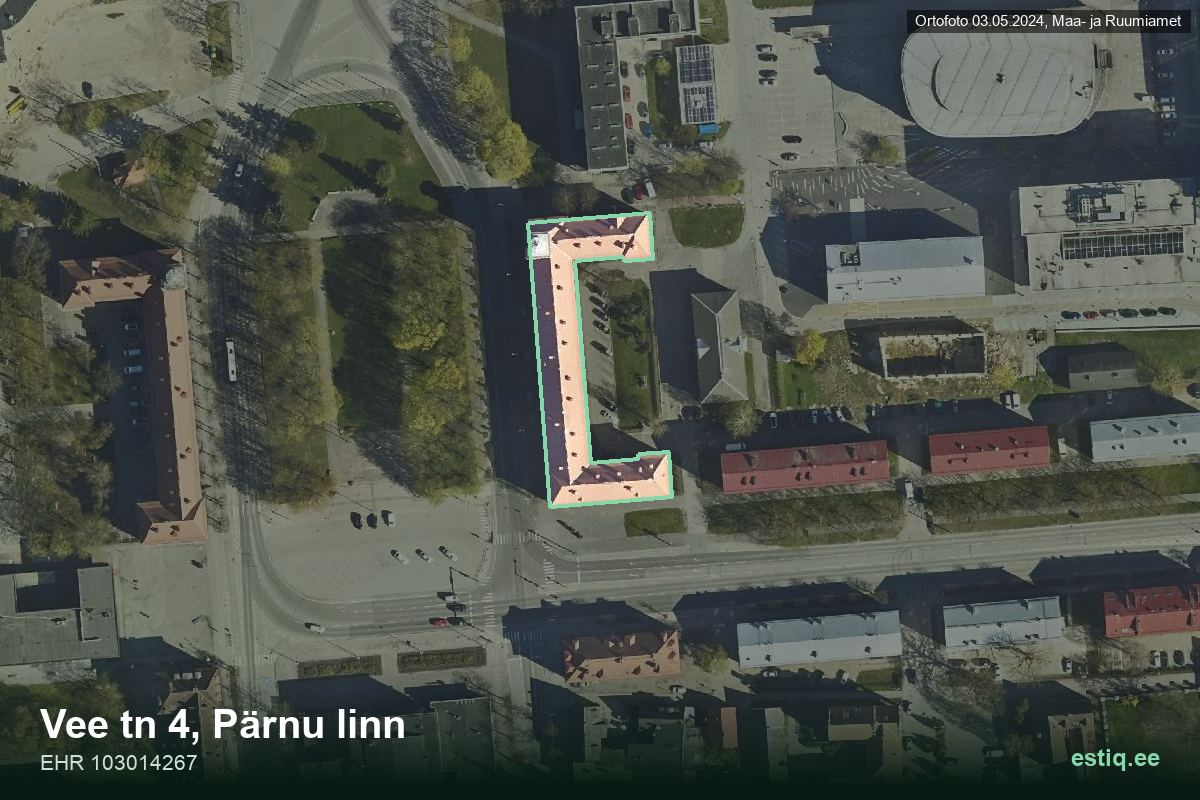Vee tänav 4, Pärnu – hoone aerofoto, kontuur ehitisregistri (EHR) andmetest
