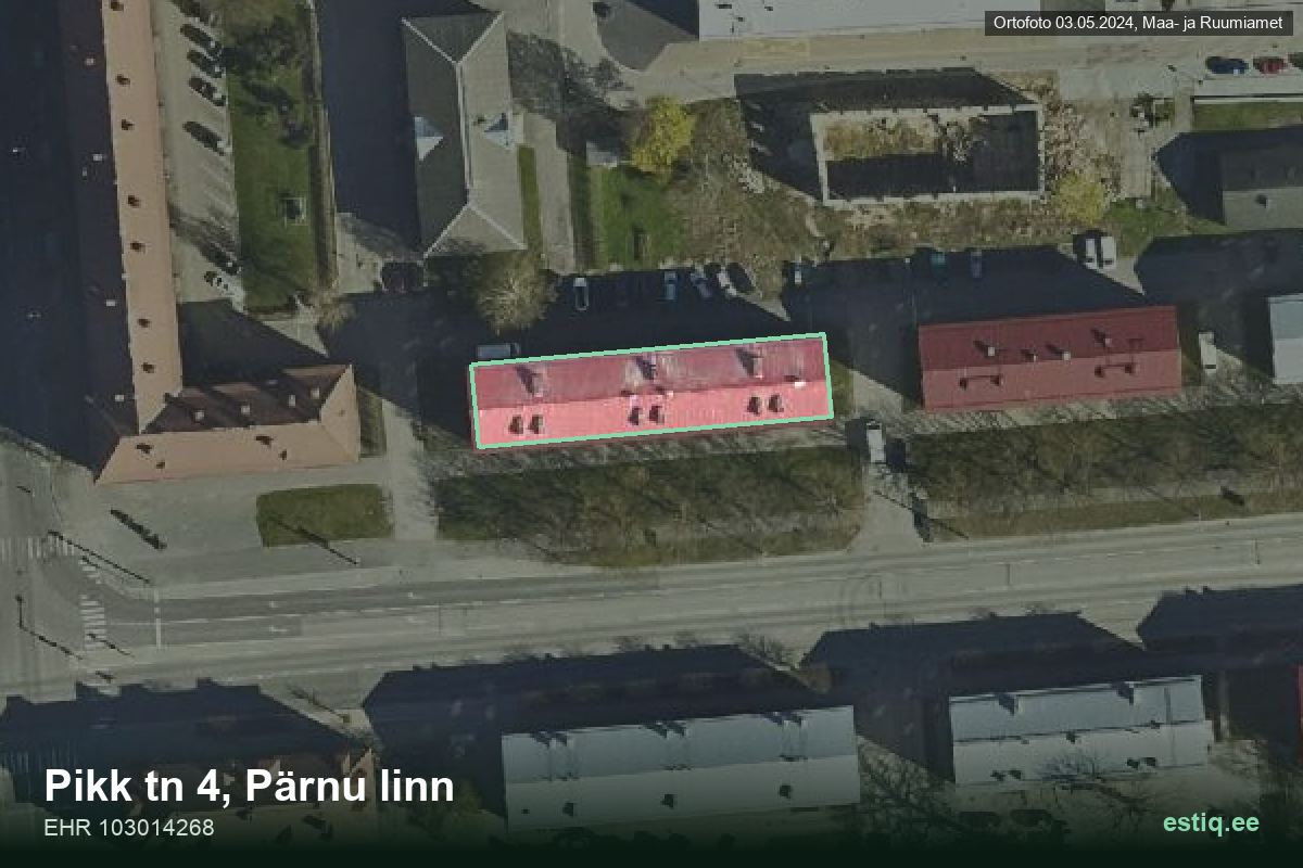 Pikk tänav 4, Pärnu – ilmakuva rakennuksesta, ääriviiva rakennusrekisteristä (EHR)