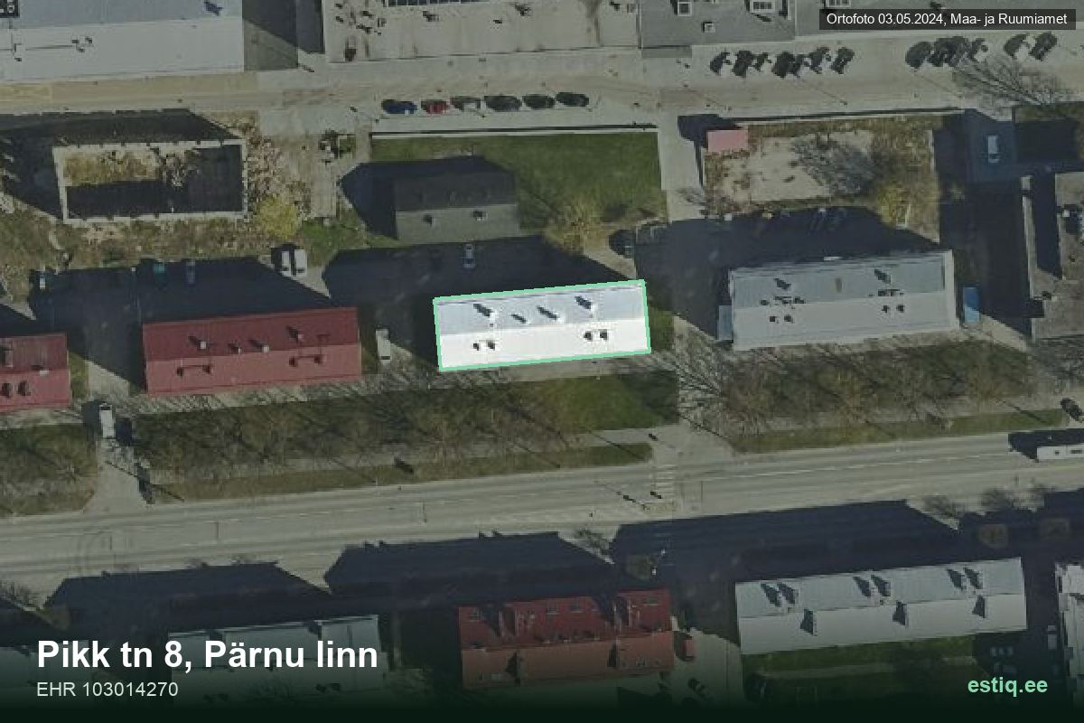 Pikk tänav 8, Pärnu – hoone aerofoto, kontuur ehitisregistri (EHR) andmetest