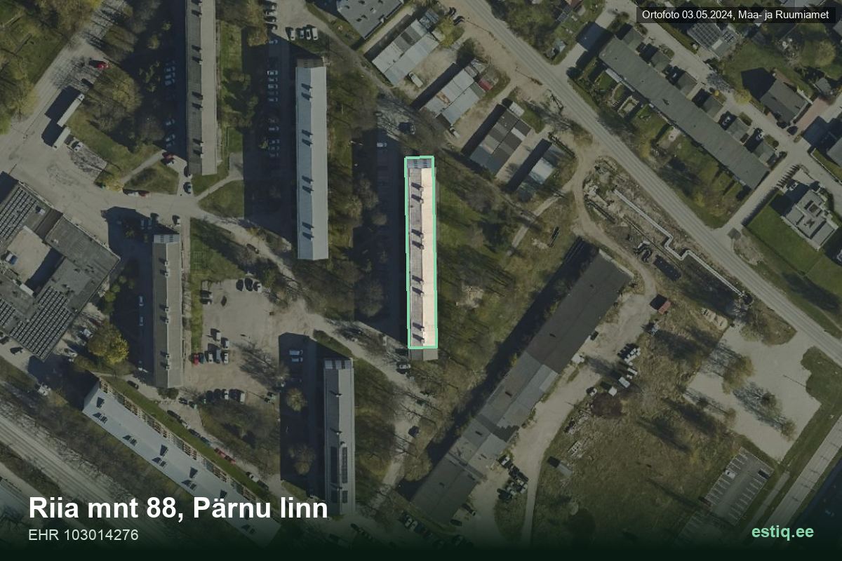 Riia mnt 88, Pärnu – hoone aerofoto, kontuur ehitisregistri (EHR) andmetest