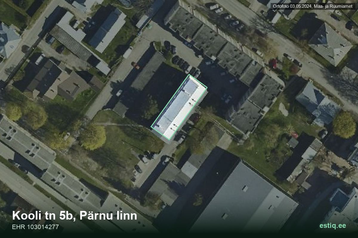 Kooli tänav 5b, Pärnu – hoone aerofoto, kontuur ehitisregistri (EHR) andmetest