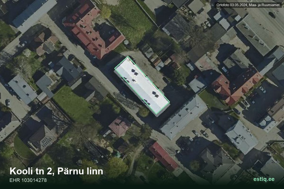 Kooli tänav 2, Pärnu – hoone aerofoto, kontuur ehitisregistri (EHR) andmetest