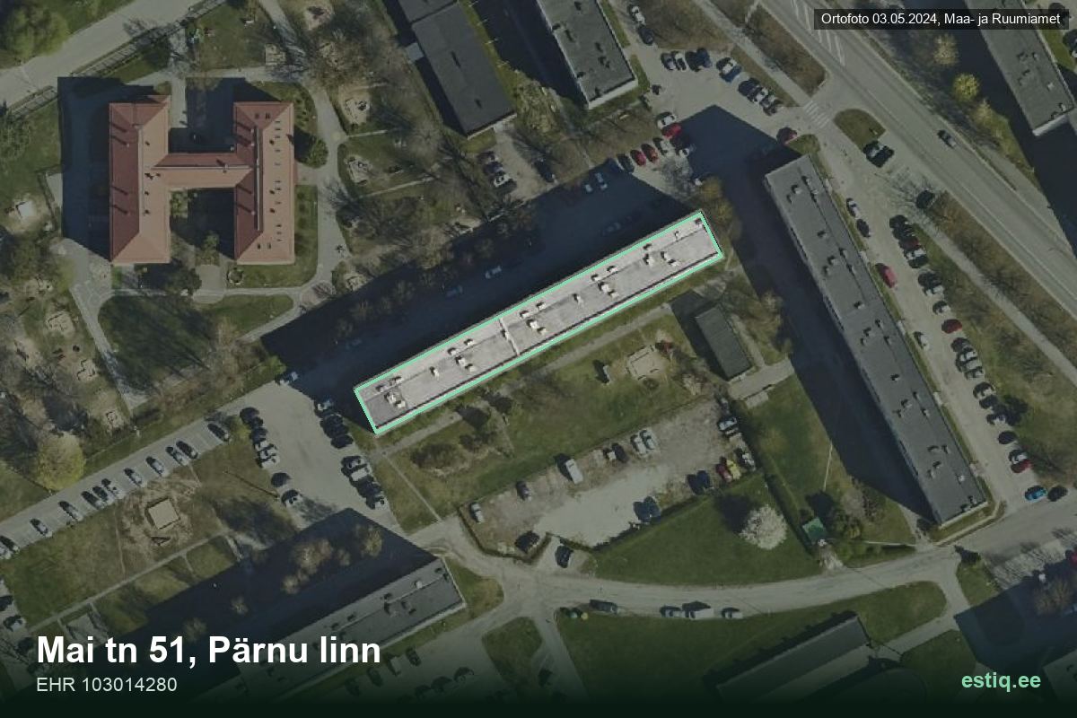 Mai tänav 51, Pärnu – hoone aerofoto, kontuur ehitisregistri (EHR) andmetest