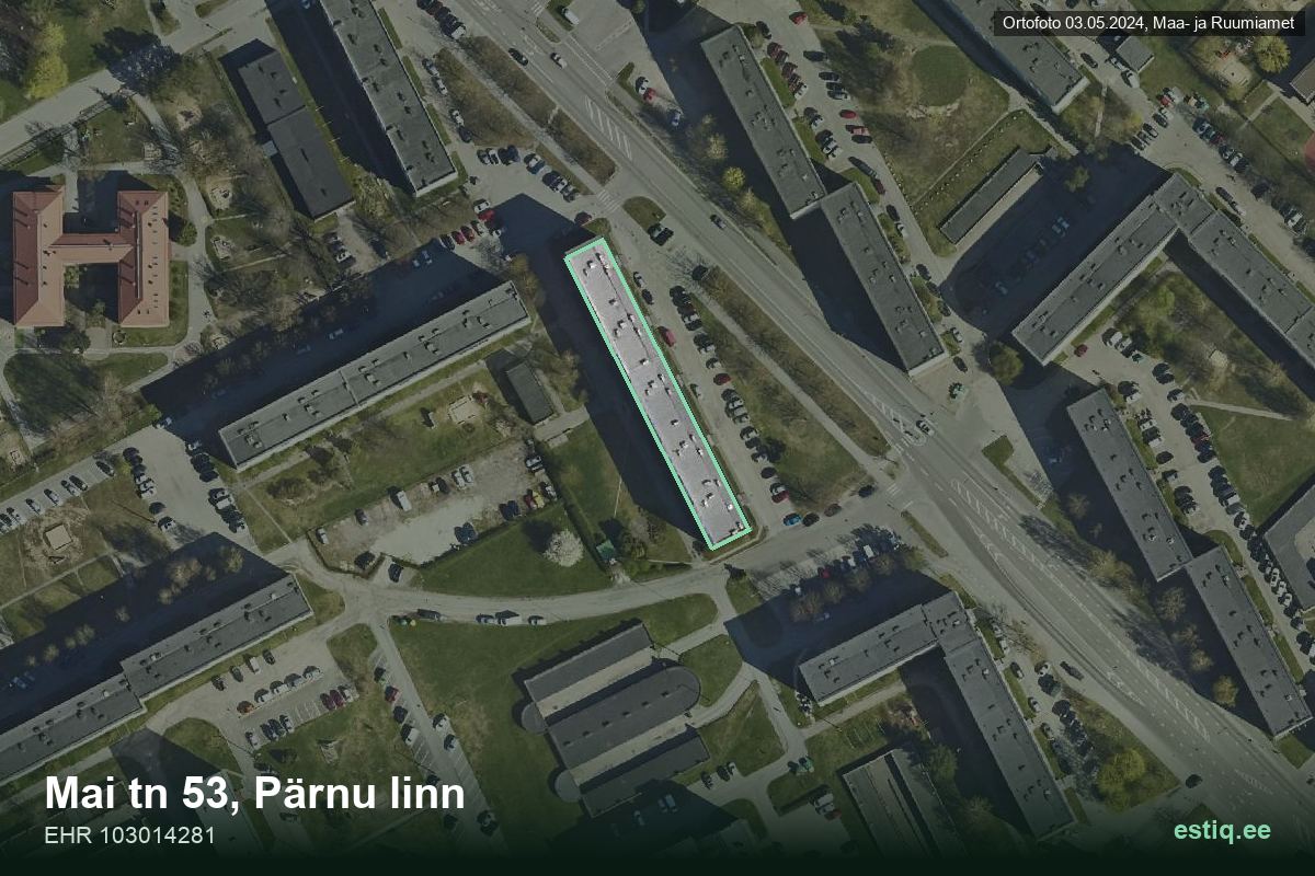 Mai tänav 53, Pärnu – hoone aerofoto, kontuur ehitisregistri (EHR) andmetest