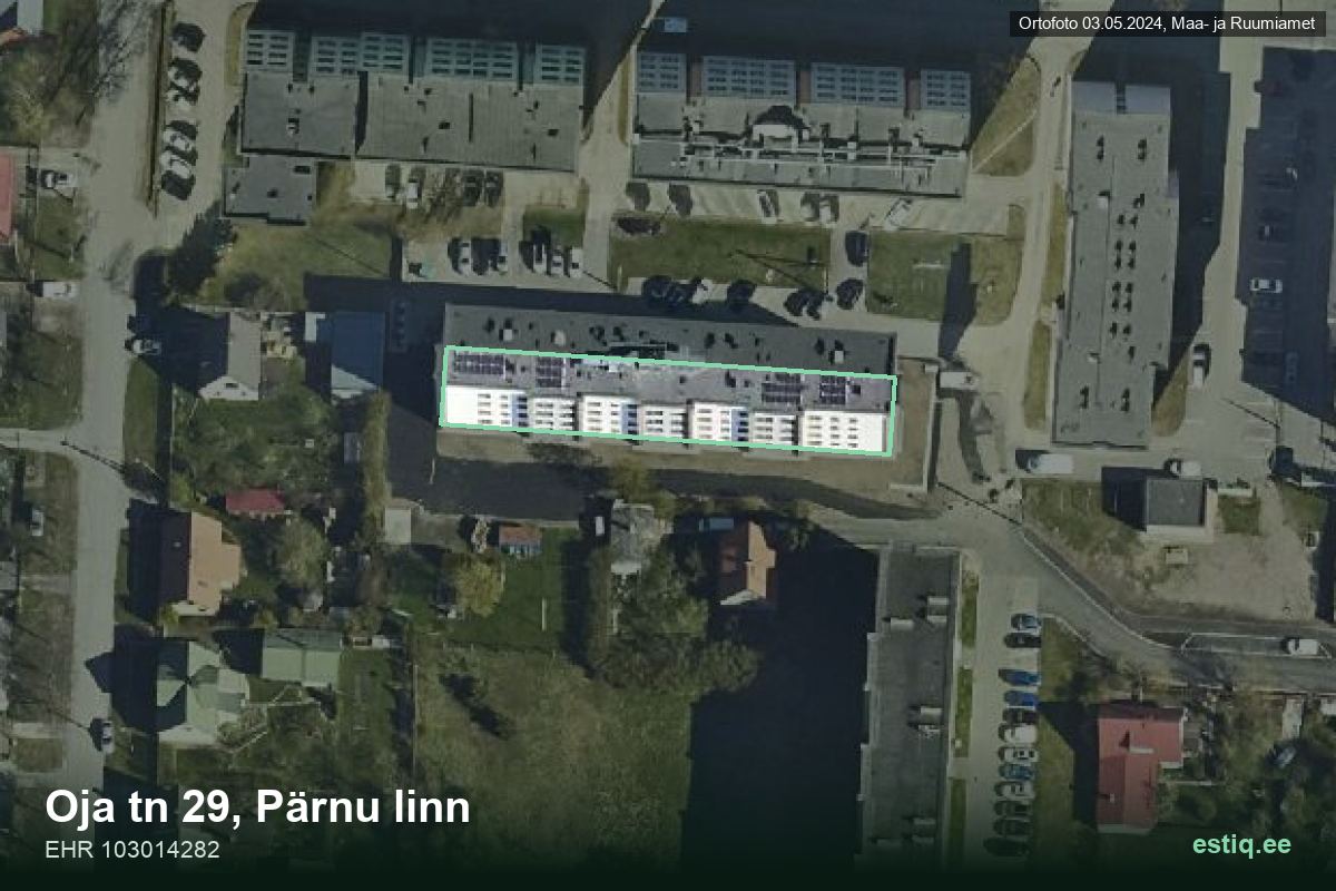 Oja tänav 29, Pärnu – hoone aerofoto, kontuur ehitisregistri (EHR) andmetest
