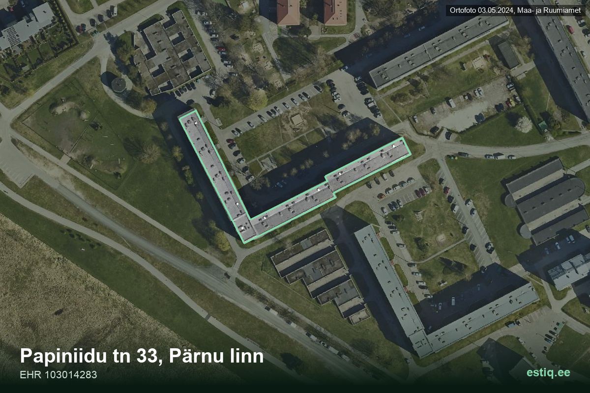 Papiniidu tänav 33, Pärnu – hoone aerofoto, kontuur ehitisregistri (EHR) andmetest