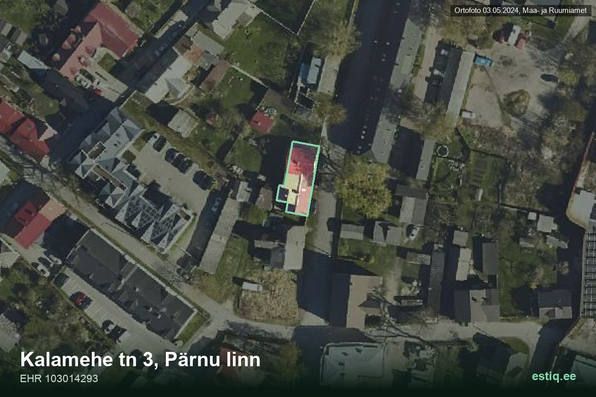 Kalamehe tänav 3, Pärnu – hoone aerofoto, kontuur ehitisregistri (EHR) andmetest