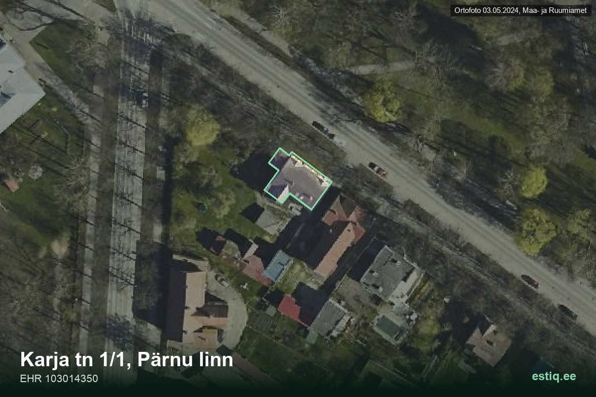 Karja tänav 1/1, Pärnu – hoone aerofoto, kontuur ehitisregistri (EHR) andmetest
