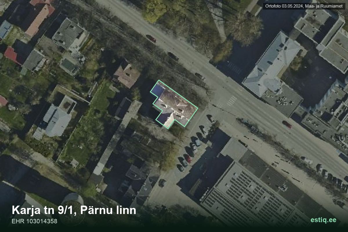 Karja tänav 9/1, Pärnu – hoone aerofoto, kontuur ehitisregistri (EHR) andmetest
