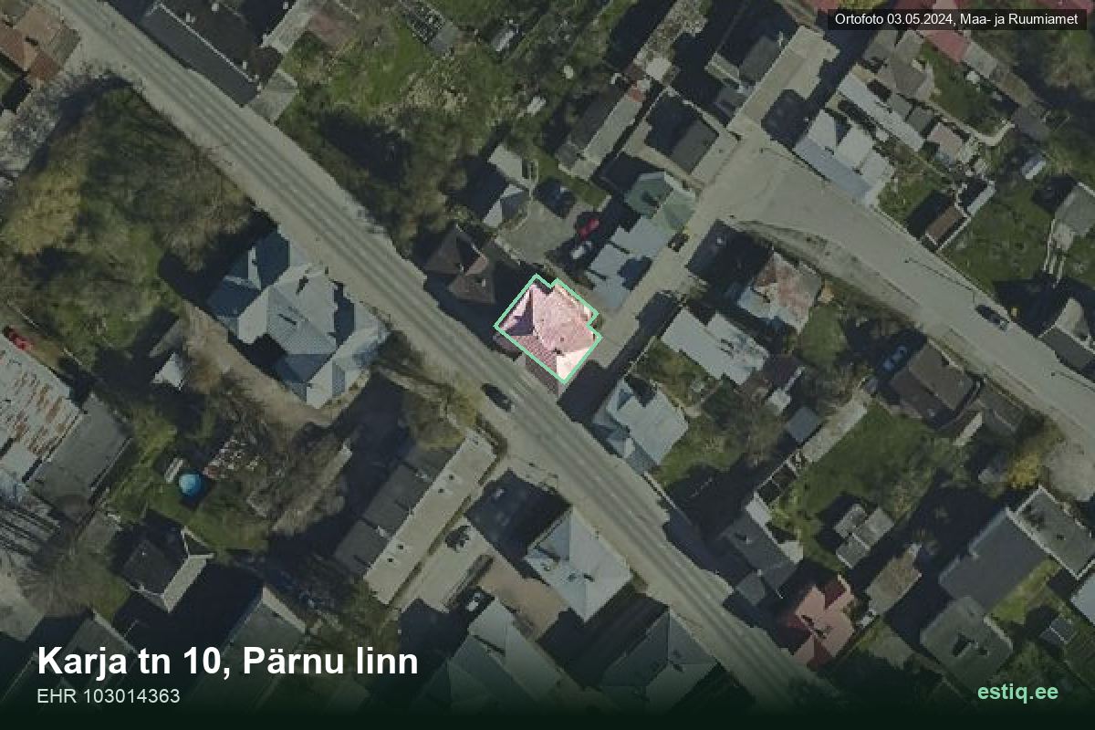 Karja tänav 10, Pärnu – hoone aerofoto, kontuur ehitisregistri (EHR) andmetest