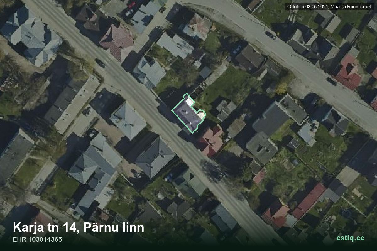 Karja tänav 14, Pärnu – hoone aerofoto, kontuur ehitisregistri (EHR) andmetest