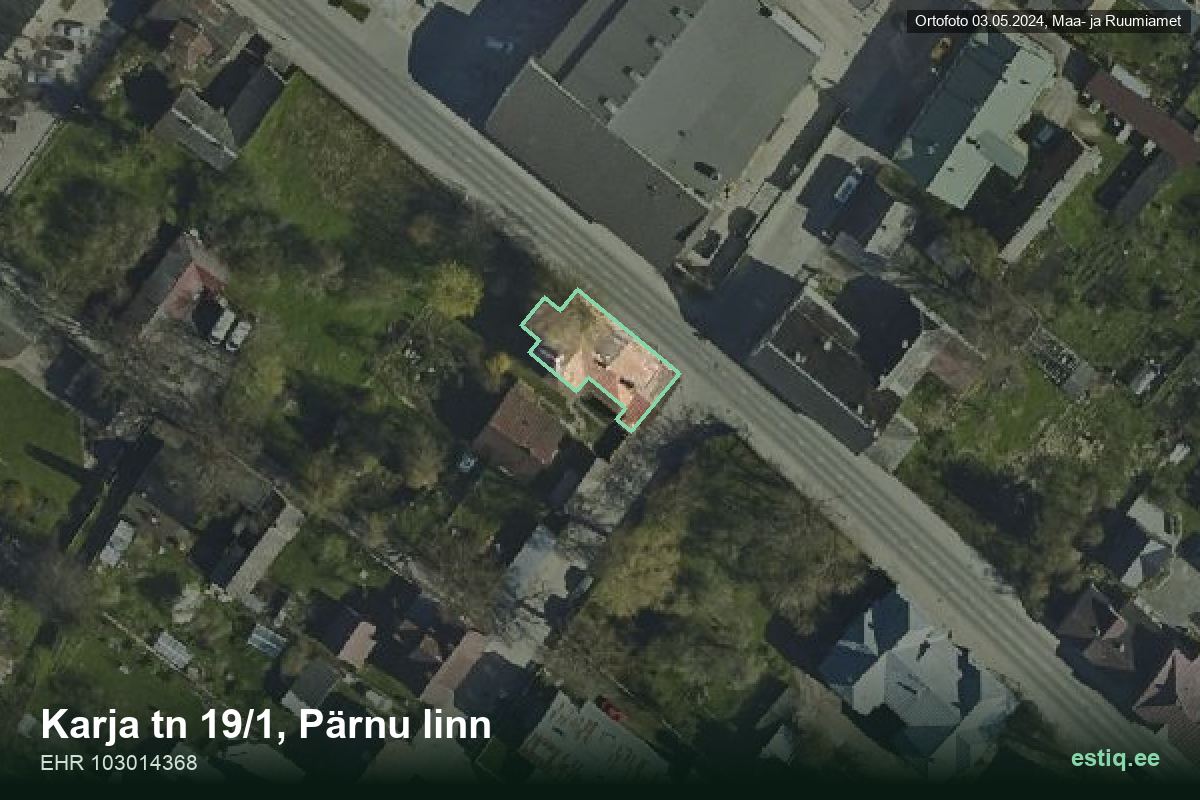 Karja tänav 19/1, Pärnu – hoone aerofoto, kontuur ehitisregistri (EHR) andmetest
