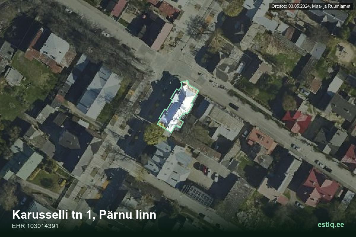 Karusselli tänav 1, Pärnu – hoone aerofoto, kontuur ehitisregistri (EHR) andmetest
