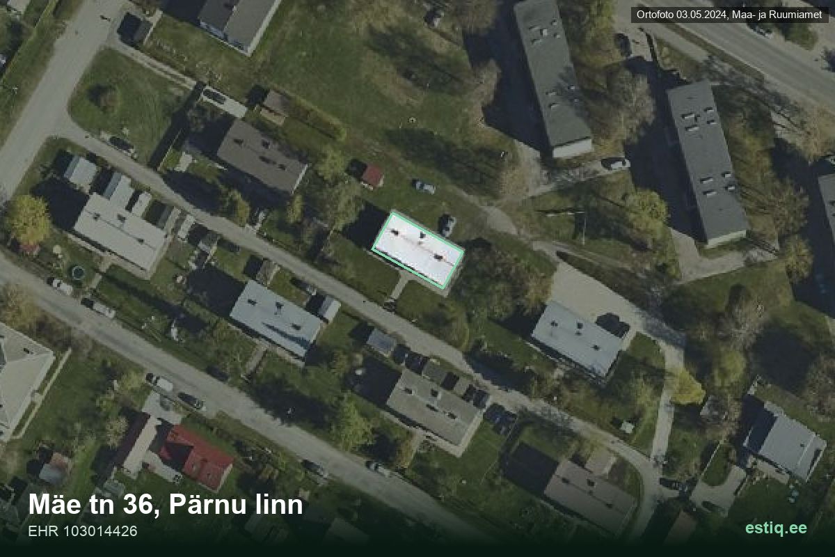 Mäe tänav 36, Pärnu – hoone aerofoto, kontuur ehitisregistri (EHR) andmetest